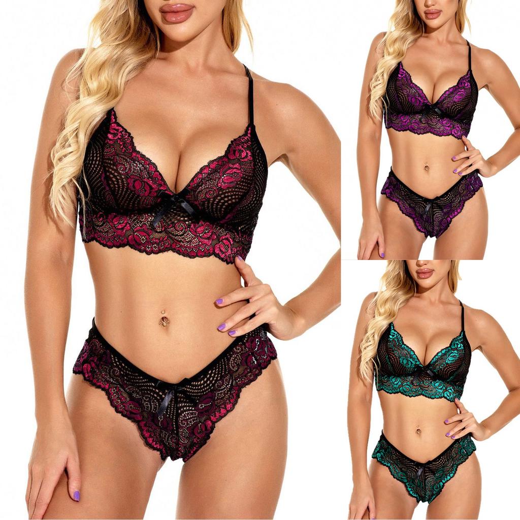 Women's Fashion Sexy Lace Two-piece Set Suit Solid Color Wireless Bra Sexy Underwear Panties