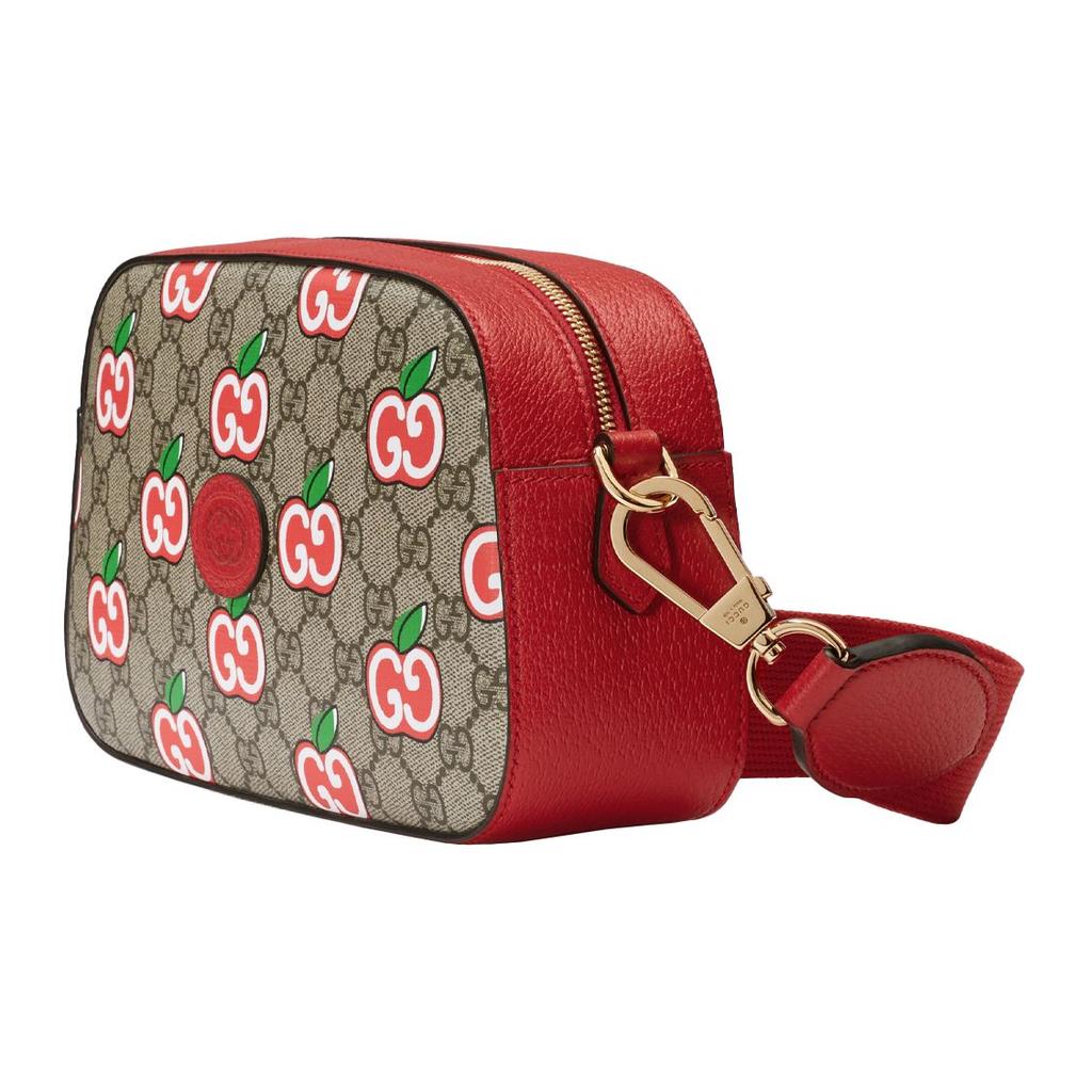 Gucci Vintage Logo Apple Pattern Leather Canvas Camera Bag Women Shoulder Bag Red Brown 574886-2EVDG-8646