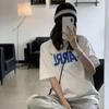 Medium and long round neck simple letter T-shirt women's short sleeve tide design sense niche summer ins Korean version tide