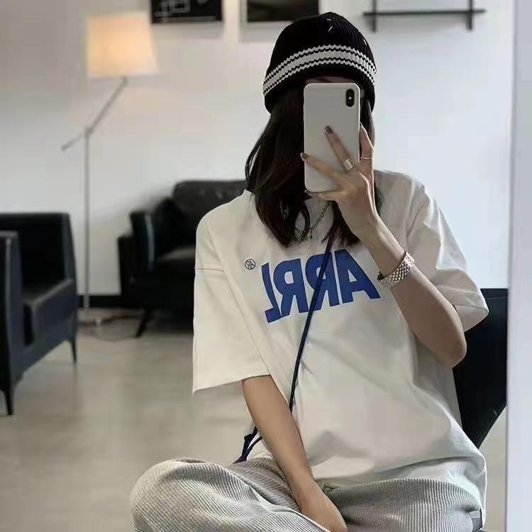 Medium and long round neck simple letter T-shirt women's short sleeve tide design sense niche summer ins Korean version tide