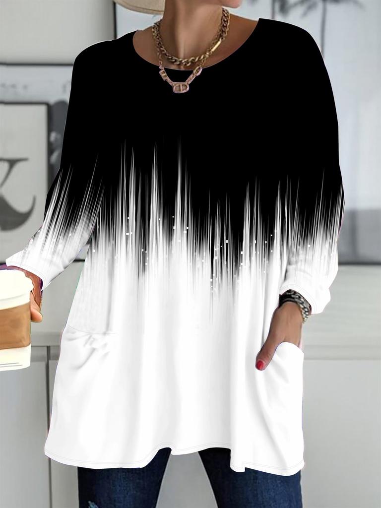 2025 Autumn Winter New Plus Size Women's Tops, Minimalist 3D Print Fashion Crew Neck Long Sleeve T-Shirts