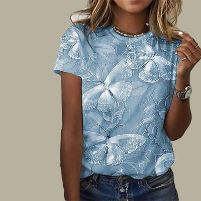 Женская летняя футболка Синяя футболка с короткими рукавами и принтом бабочки Повседневный топ с принтом