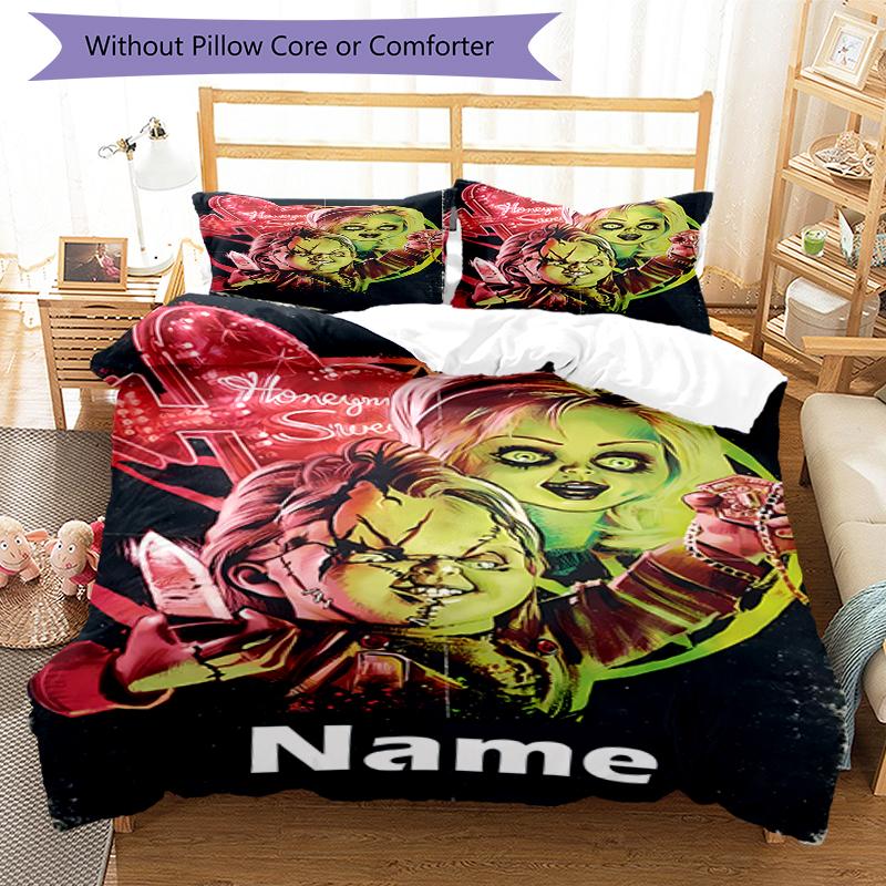 3pcs Custom Name Halloween horror Bedding Set Duvet Cover Closure Includes 1 Duvet Cover & 2 Pillowcases, Soft and Comfortable for All Seasons.