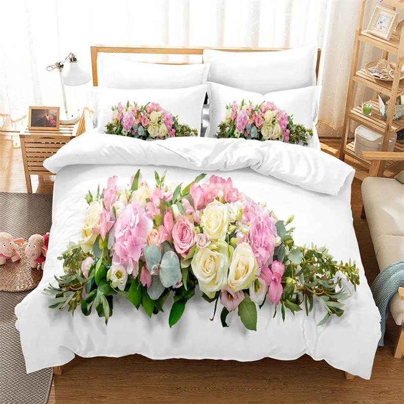 Comforter Rose Flower Bedding Set 4Pcs Pink Red 200X230 For Double Bed 3D Bedsheet 230X230 Full Size Thin Fabric