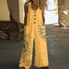 Women's Fashionable Casual Button-down Sleeveless Jumpsuit, Retro Floral Printed Cotton Pocket Jumpsuit