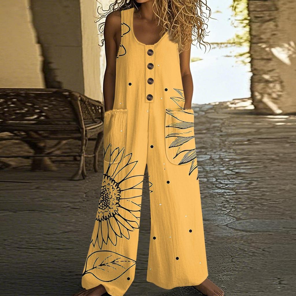 Women's Fashionable Casual Button-down Sleeveless Jumpsuit, Retro Floral Printed Cotton Pocket Jumpsuit
