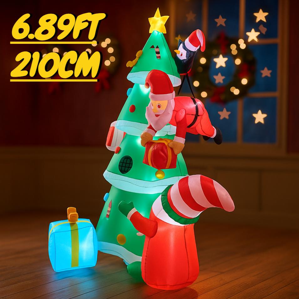 6.89FT Inflatable Toy Christmas Tree Decoration Set Santa Penguin Gift Box Xmas Yard Supplie LED Xmas Home Ornament Festive Gift