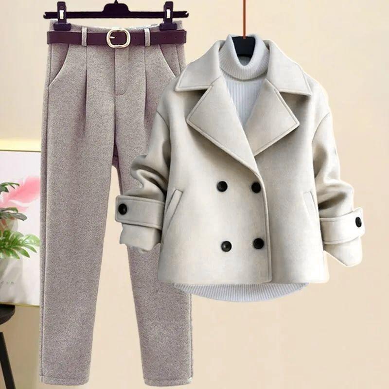 Autumn Winter Coat Loose Wide Leg Pants Three Piece Set for Women Plus Size Comfortable Lazy Style Fashionable