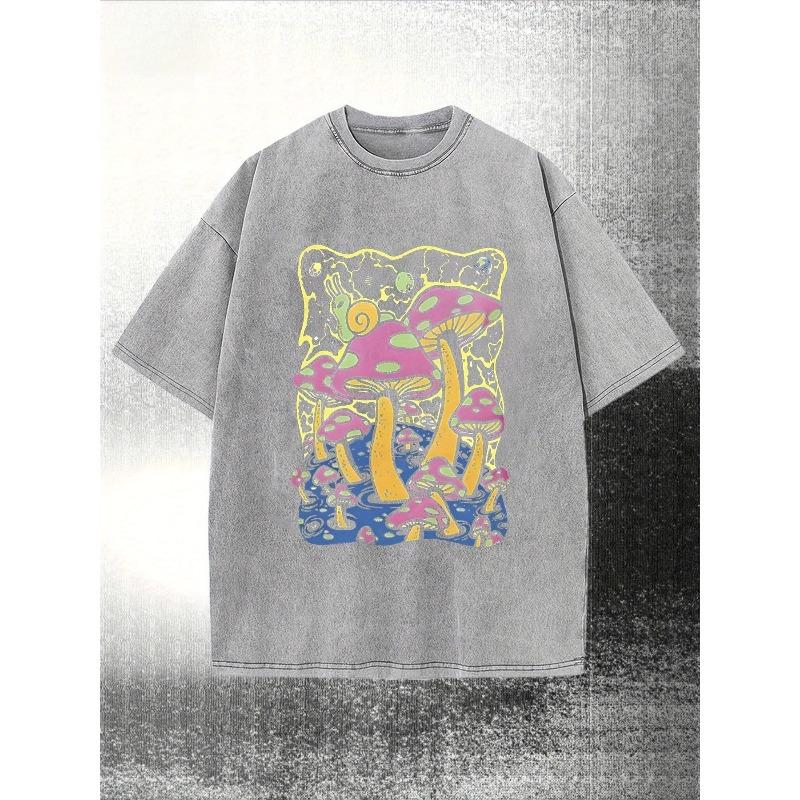 European Size Men's Heavy Duty T-Shirt - Purple Mushroom World Pattern T-Shirt with Neon Green and Blue Accessories T-Shirt