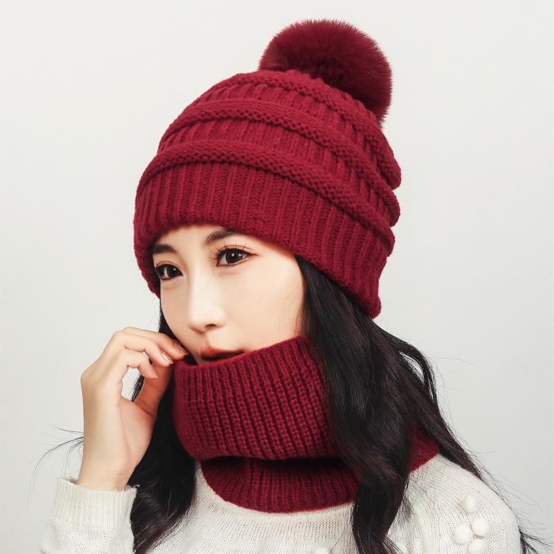 Winter Women's Scarf Knitted Hat Velvet Warm Ball Wool Hat Windproof Neck Protection Hat Scarf Two-Piece Set