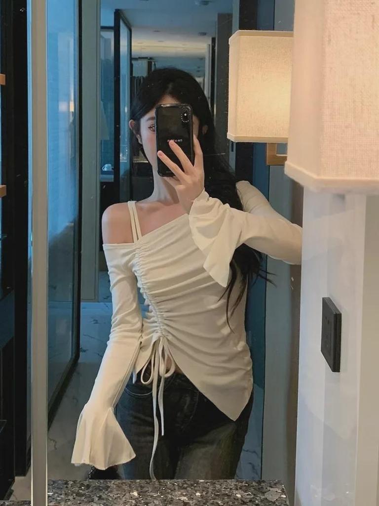 Рубашка с открытыми плечами, на кулиске, облегающего кроя, с длинным рукавом для женщин