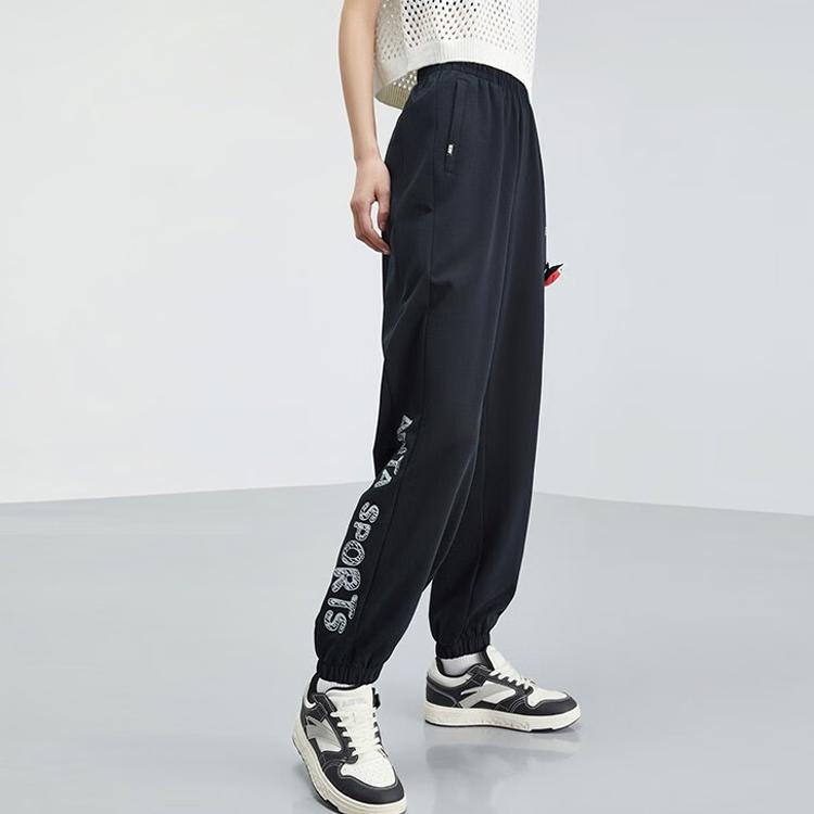 Anta X Sesame Street Collaboration Lifestyle Series Printed Letter Mid-Rise Drawstring Cuffed Sweatpants Women Bottoms Basic-Black 162328315-3