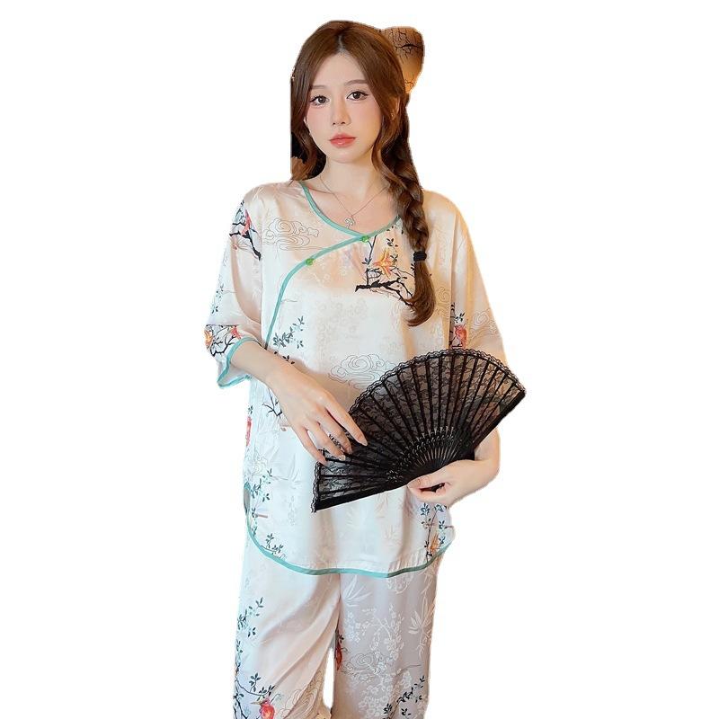 Pajamas women's summer new ice silk medium-sleeved national style light luxury retro suit outer wear spring and autumn loose large size loungewear