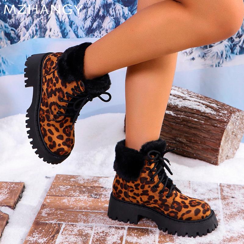 Leopard Platform Women Snow Ankle Boots Fashion Mid Heels Boots Leather Designer Shoes 2024 Trend Winter New Dress Botas Mujer