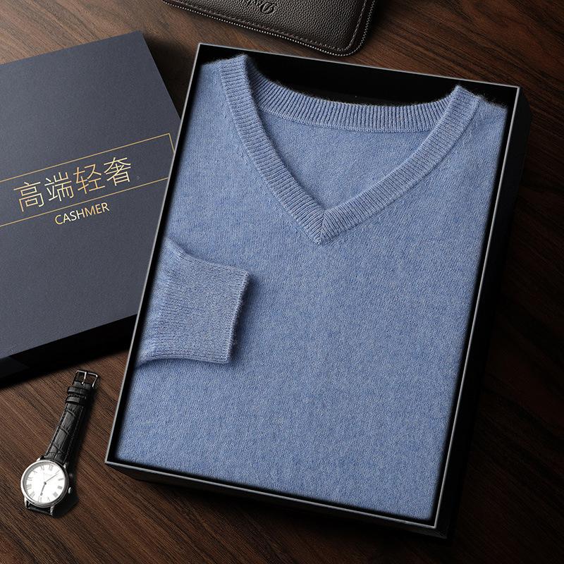 Новый однотонный кашемировый свитер с V-образным вырезом, мужской пуловер с длинным рукавом, свободный свитер с шерстяным свитером внутри