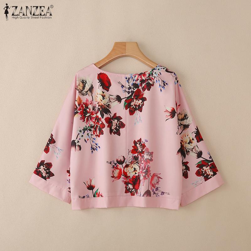 ZANZEA Women Casual Round Neck 3/4 Sleeve Loose Floral Print Blouse