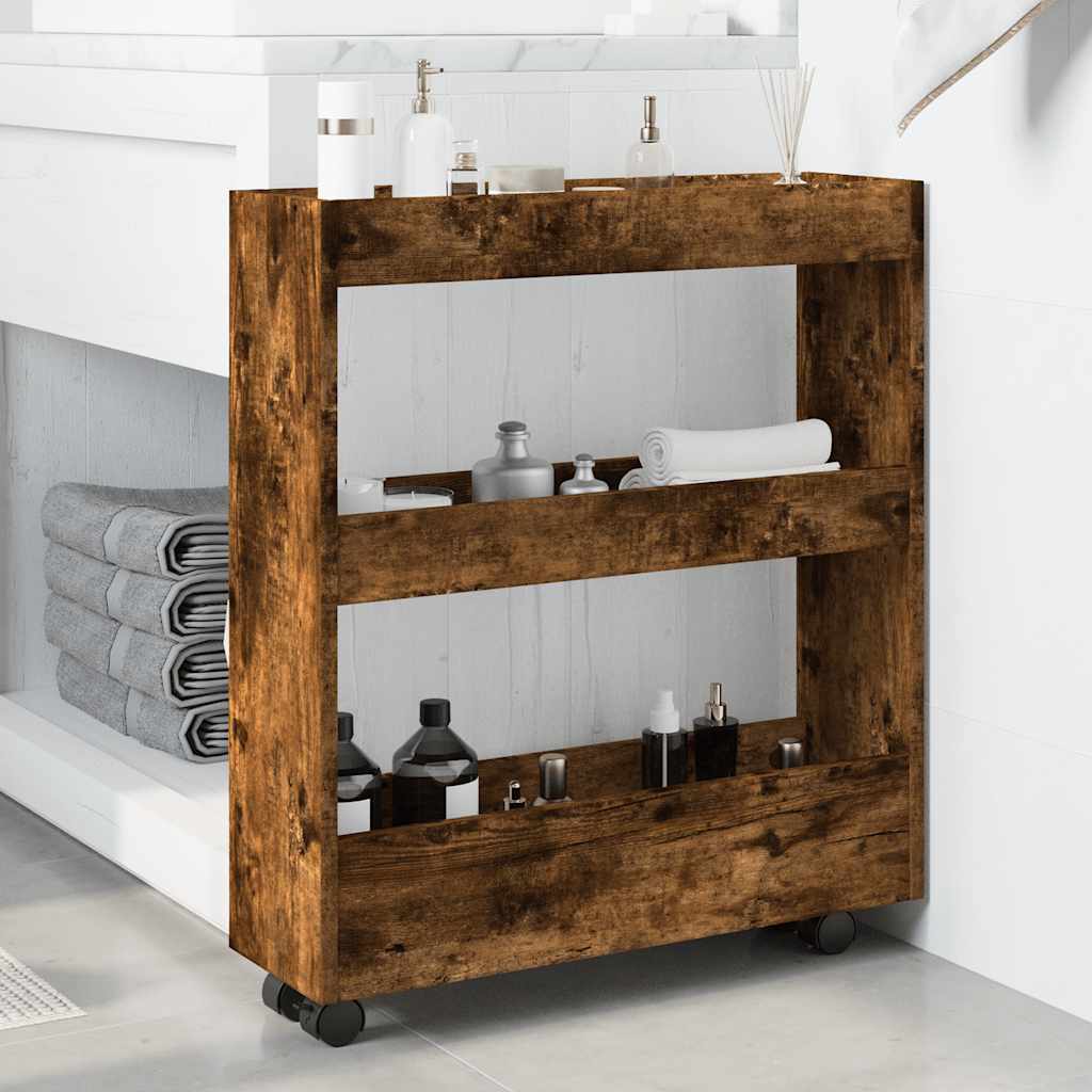 Narrow Storage Trolley 3 Tier Smoked Oak Wood Based Material