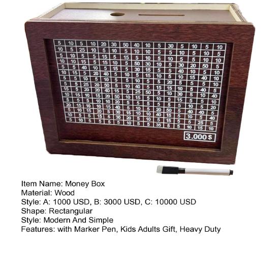 Wooden Money Box with Counter Marker Pen 1000/3000/10000 USD Piggy Bank Coin Cash Container Kids Adults Money Saving Challenge Case Jar