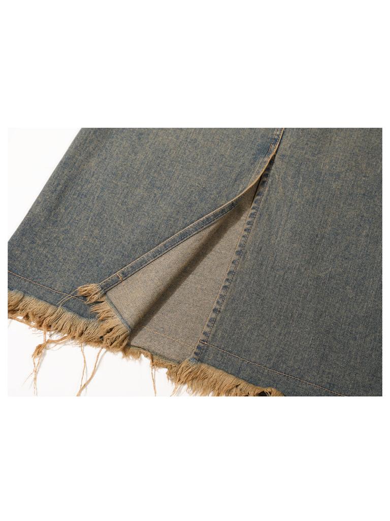 Goobin Crack Detail Denim Long Skirt