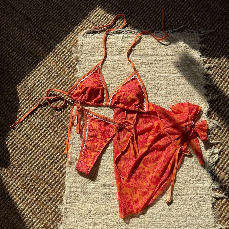 With Sarong Printed Halter Bikini Women Swimwear Female Swimsuit Three-pieces Bikini Set Padded Bather Bathing Suit Swim