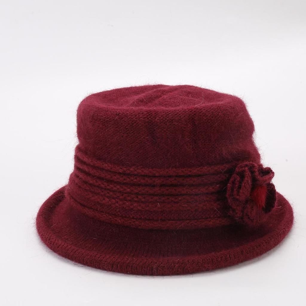 Women's Knitted Women's Rabbit Proof Wool Pot Hat Autumn Winter Thickened Warm Keeping Mother's Hat Flower