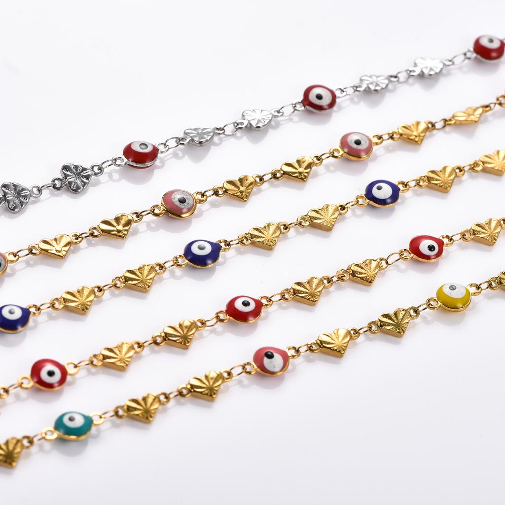 6MM Stainless Steel Necklace for Women Gold Chain Embosssed Heart Turkish Evil Eye Chain Bead Charms Metal Jewelry Choker