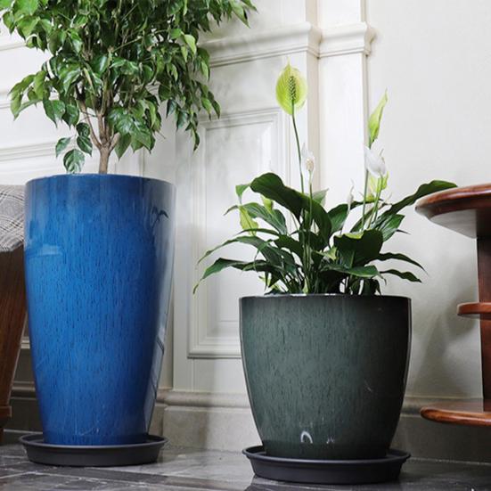 Глубокий цветочный горшок Имитация керамики Горшок для растений с дренажным отверстием Смола Монстера Кашпо с поддоном для комнатных и уличных растений Домашний сад Офисный декор