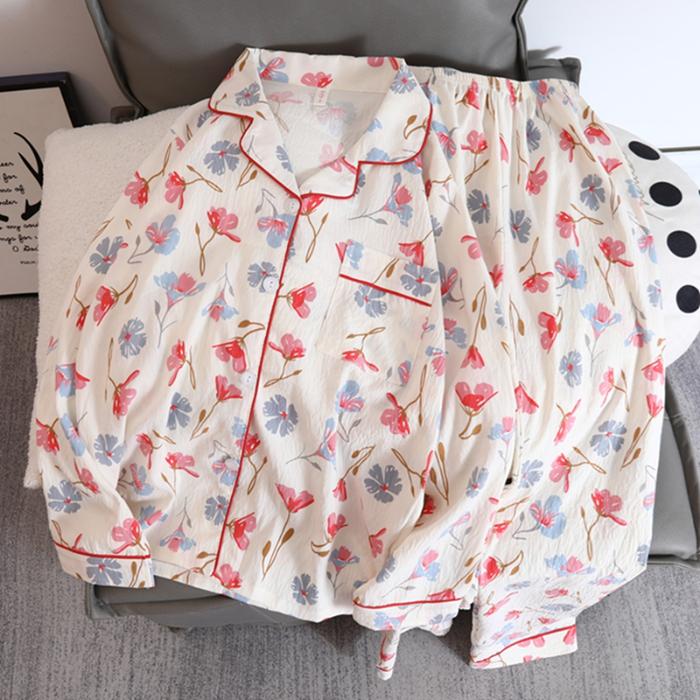 Homewear Flower Print V-neck Women's Pajamas Set Aesthetic Art Soft Two-piece Pajamas Set Sweet Casual Autumn  Sleepwear