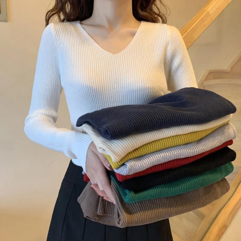 5XL базовые женские свитера с v-образным вырезом, осенне-зимние топы, эластичные тонкие женские пуловеры, вязаный свитер в рубчик, джемпер, мягкие теплые пуловеры
