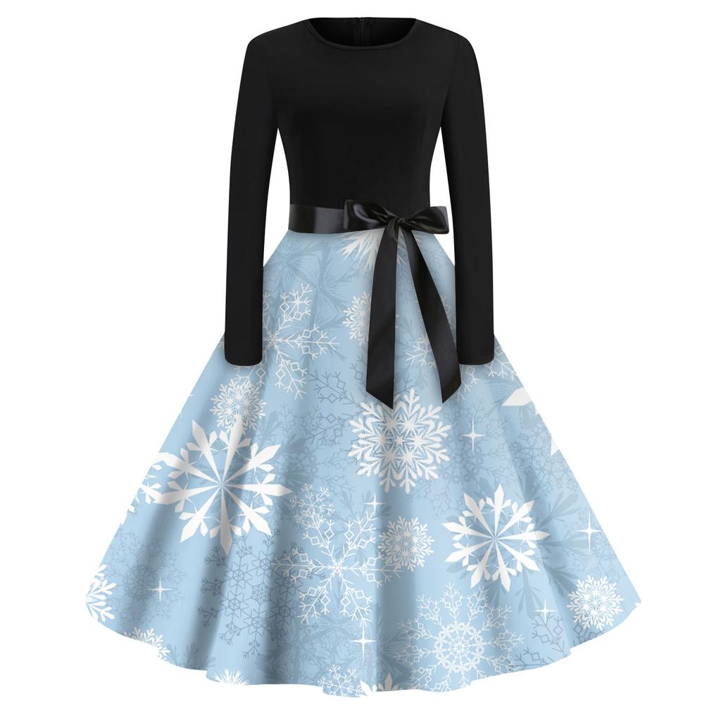 Женская мода с круглым вырезом, повседневные тонкие рождественские платья с длинным рукавом и принтом