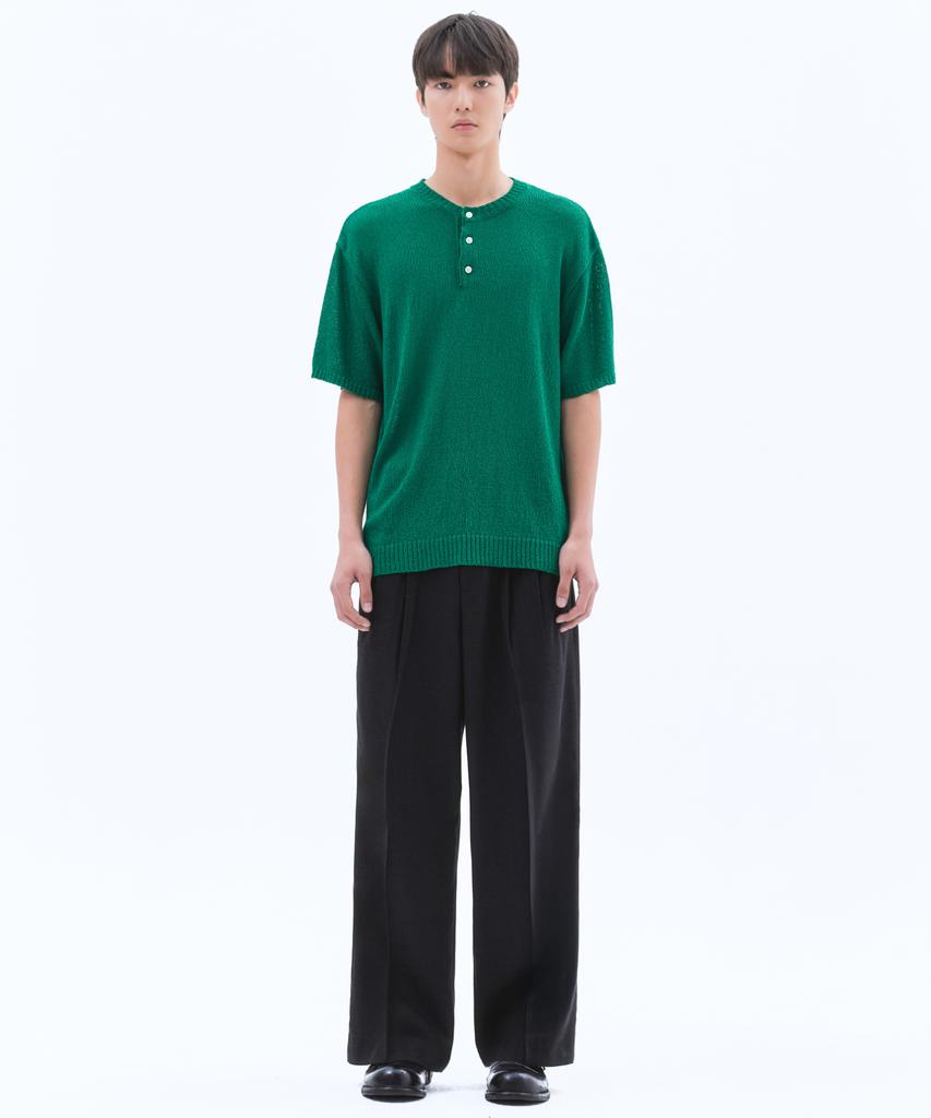 TRIP LE SENS Summer Boucle Henley Neck Half Knit_Green