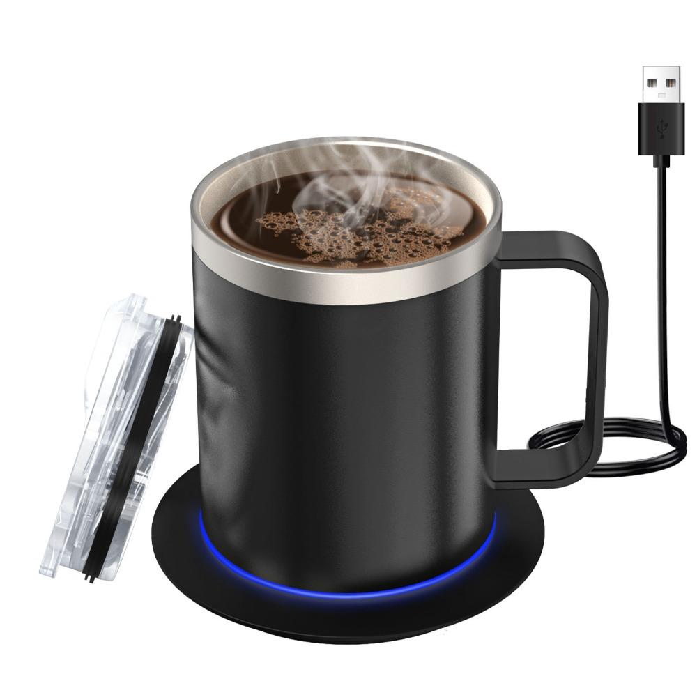 Интеллектуальная самонагревающаяся кофейная кружка с питанием от USB, двухслойная, с автоматическим подогревом, из нержавеющей стали, с крышкой