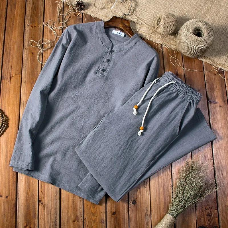 Linen Suit Men's Summer Two-piece Suit Chinese Style Men's Clothes Men's Long-sleeved T-shirt Men's Summer Cotton and Linen Loose