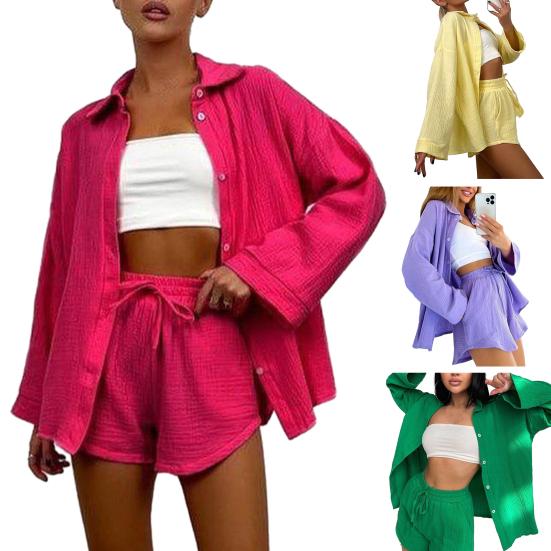 2 шт./компл., женская рубашка, шорты, комплект, однобортный однобортный комплект с высокой талией и длинными рукавами, свободный шнурок, эластичная резинка на талии, однотонный женский наряд