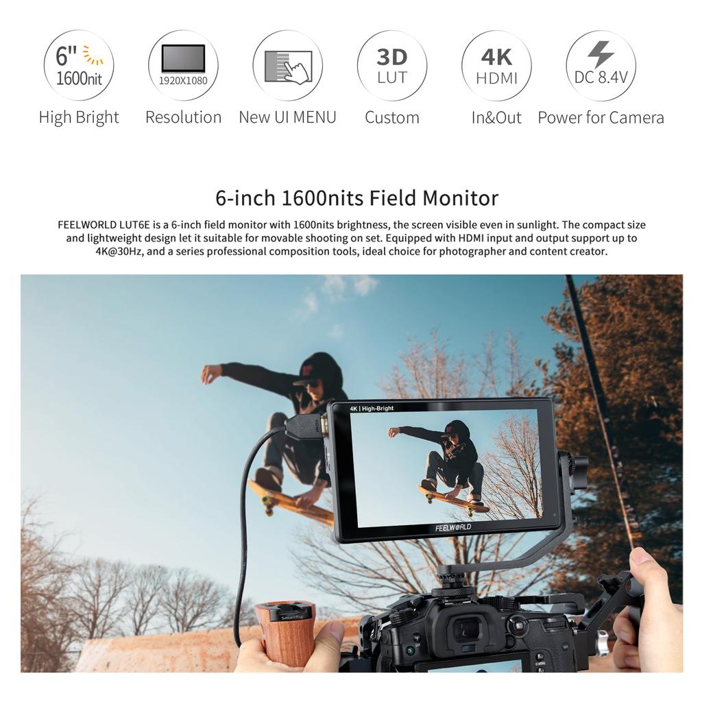 FEELWORLD LUT6E 6-дюймовый IPS-монитор, 1600 нит, видеопанель, 4K HDMI, входной выход, 1920*1080 пикселей, сенсорный