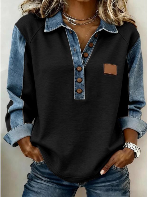 Женская вязаная рубашка с лацканами и длинным рукавом в европейском стиле 2025 года - Универсальная повседневная рубашка с пэчворком из денима для осени/зимы