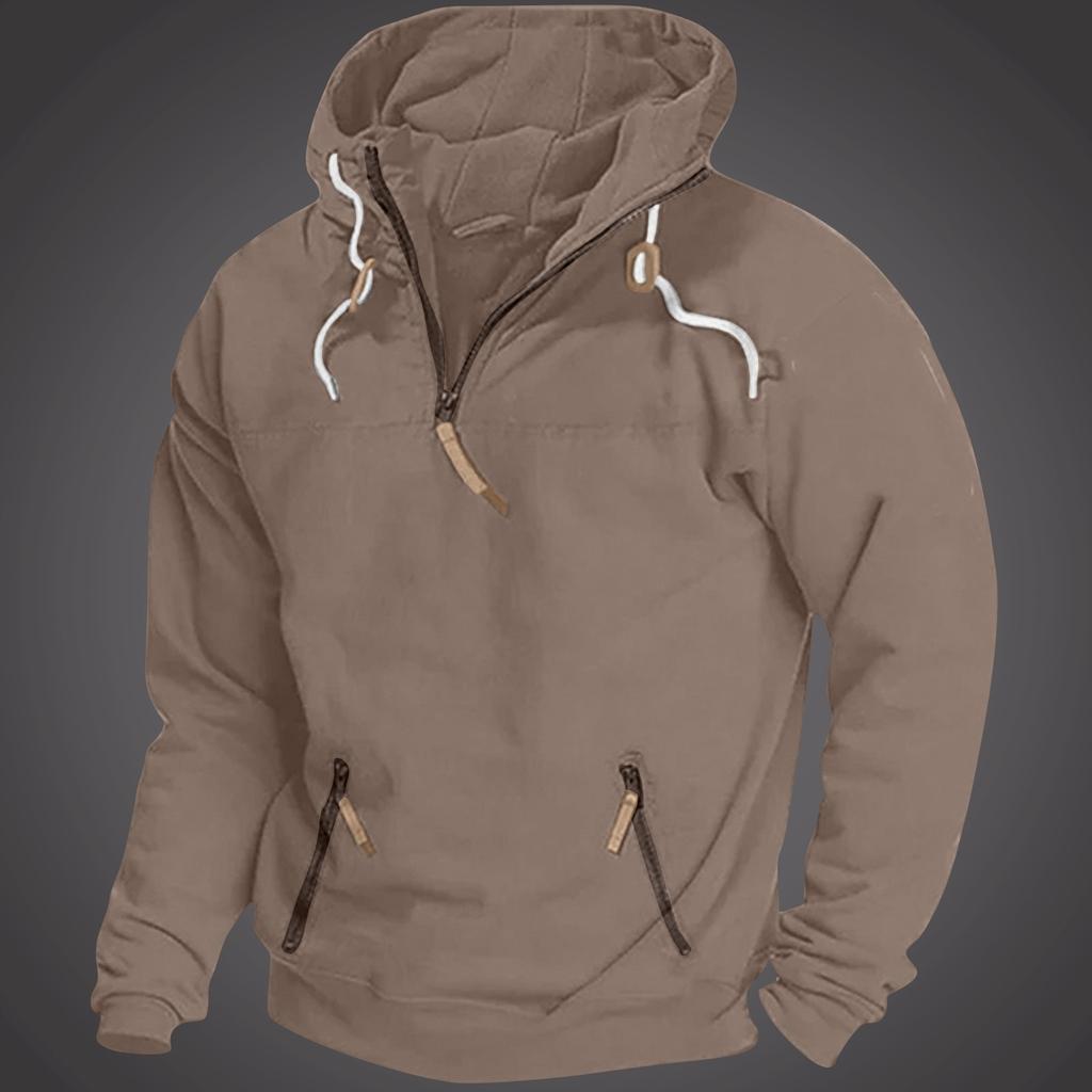 Men's Hooded Solid Color Sweater, European And American Youth Sports Multi Pocket Patch Leather Sweater Jacket