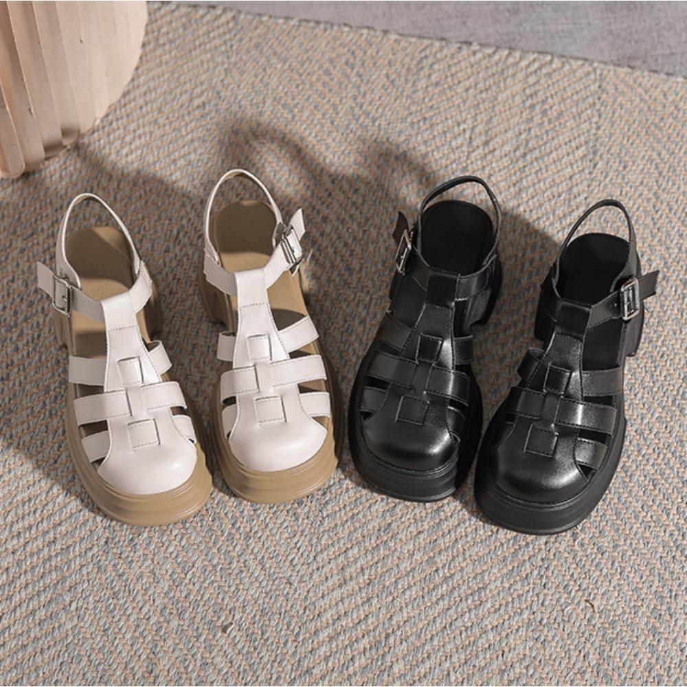 Fashion Baotou Roman Sandals Women's 2025 New Summer Sponge Cake Womens Shoes Thick Heels Retro Hollow Weaving Pig Cage Shoes Sandals