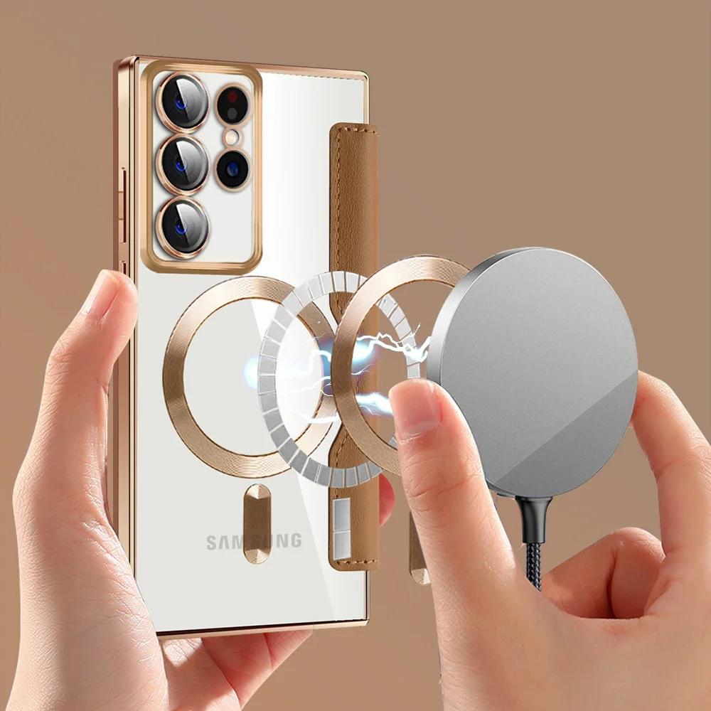 Магнитный кожаный чехол-держатель для карт для Samsung Galaxy S26 Ultra Edge s25 s24, беспроводная зарядка, держатель для карт, противоударный твердый чехол