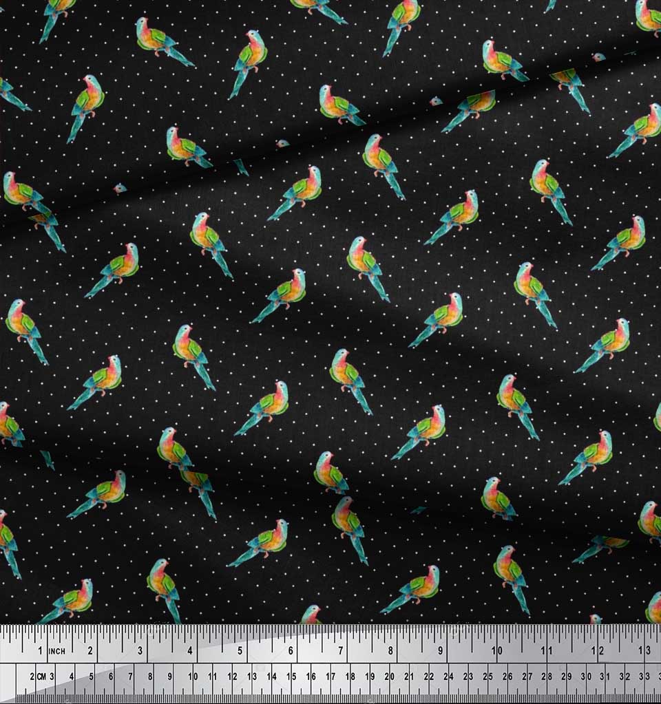 Soimoi Черная полиэстеровая креповая ткань с принтом в горошек и попугаев, ярд 42 дюйма