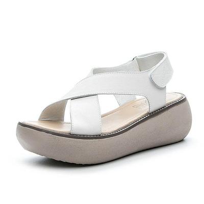 Мода Мода Лето Винтаж Натуральная Кожа Плоская Платформа Сандалии Женские Липучка Перекрестные Ремешки Плоские Уличные Сандалии размер 34-40