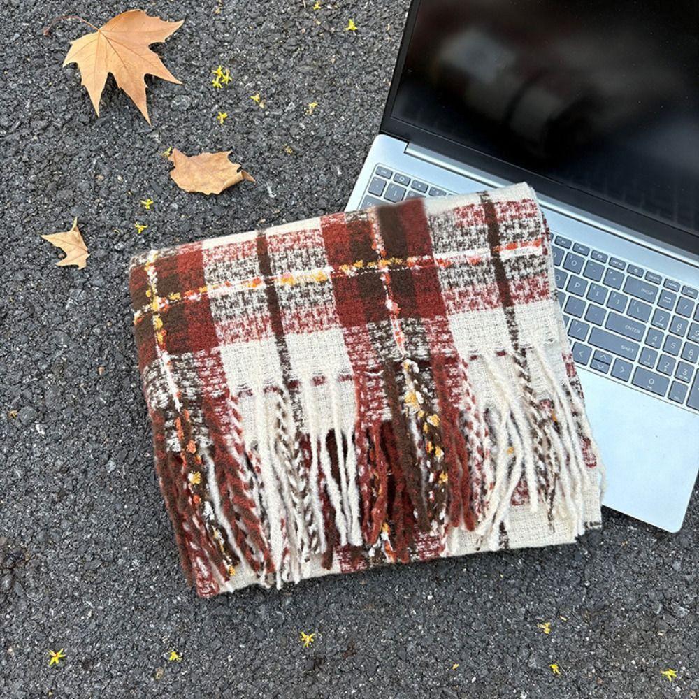 Mohair Winter Cashmere Scarves Tassel Long Shawl Retro Plaid Wool Scarf Girl