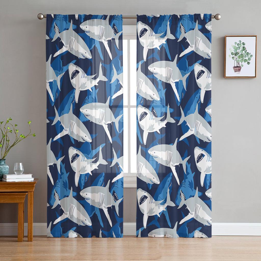 Шторы из тюля Sea Shark для гостиной, прозрачная вуаль с принтом, шторы для спальни, экранирующие шторы, жалюзи, домашний декор