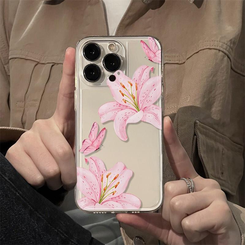 Pink Lily Butterfly iPhone Case For iPhone 16 15 14 13 12 11 Pro Max XR XS MAX 7 8 PLUS MINI INS Transparent Shockproof Cover