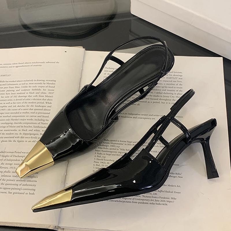 Liyke Модный Дизайн Металлический Острый Носок Слипоны Задний Ремешок Высокий Каблук Слингбэк Сандалии Женские Туфли Летняя Вечеринка Выпускной Обувь Коричневый