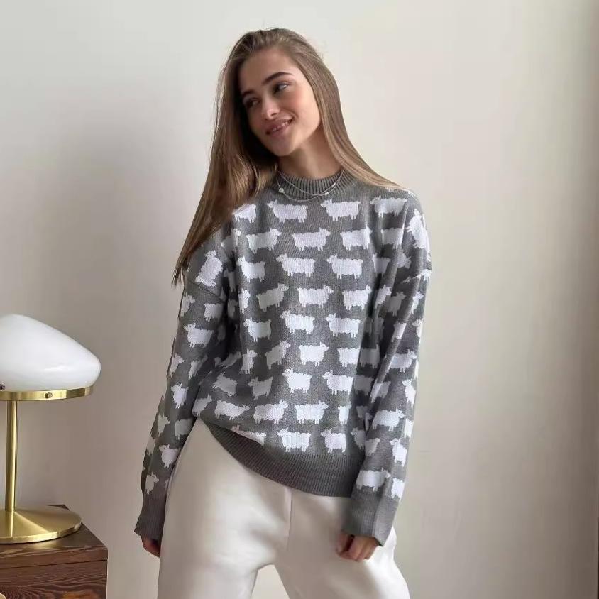 Fall and Winter Women's Round Neck Pullover Alpaca Jacquard Sweater New Loose Casual Knit Sweater Tops