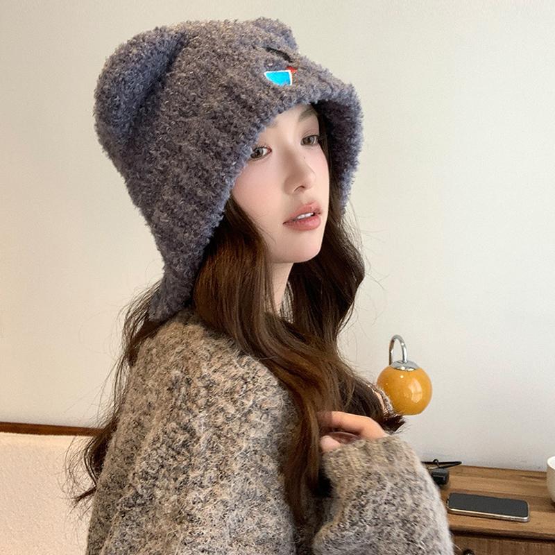 Autumn Winter Hat Women Bear Ear Protection Cap Plush Warm Knitted Wool Hat