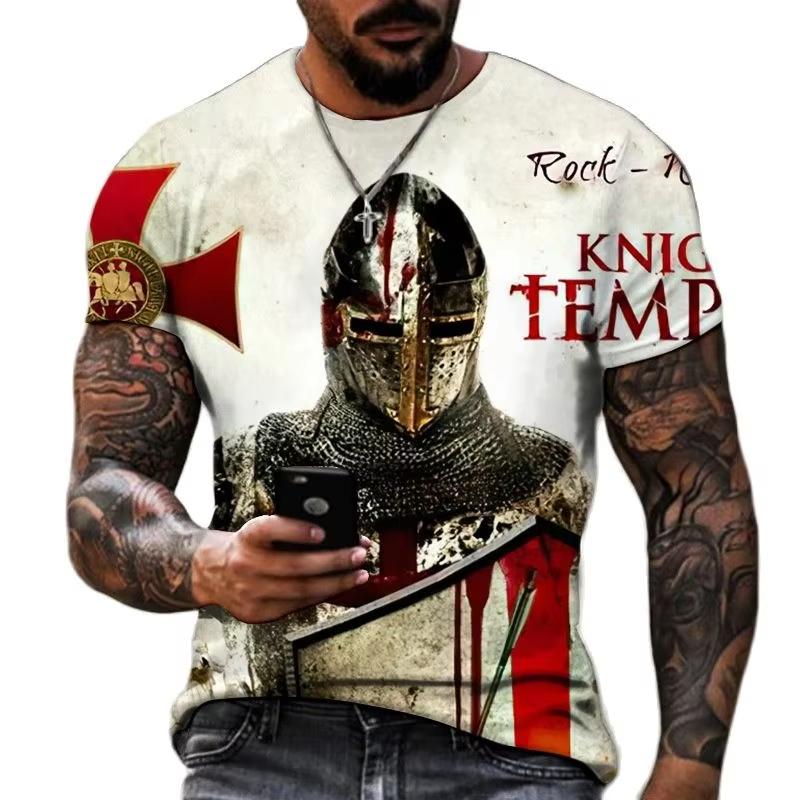 Summer Round Neck 3D Knights Templar Print Top Fashionable Casual Short Sleeved Men's T-shirts