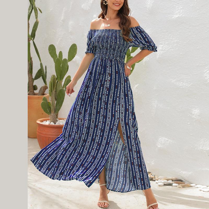 GMXIA Весна-лето Вертикальные полосатые платья с разрезом на талии Одно плечо Короткий рукав Повседневные праздничные платья