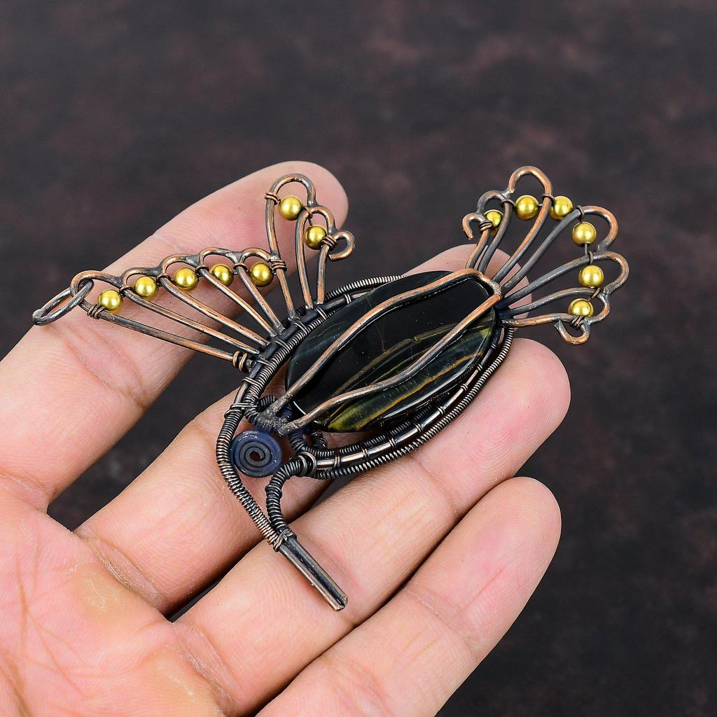 Подвеска с драгоценным камнем из неллита, медная проволока, кулон, кулон ручной работы, ювелирные изделия из неллита, подвеска в виде птицы, красивые медные украшения, подарок для мамы